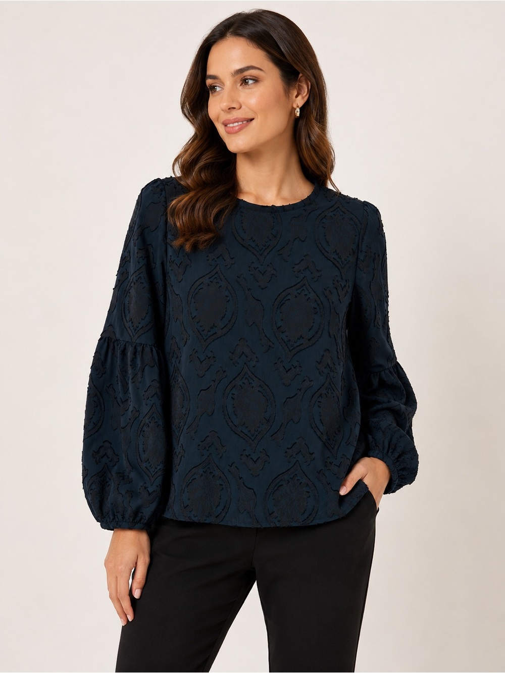 LOFT Navy Textured Balloon-Sleeve Blouse